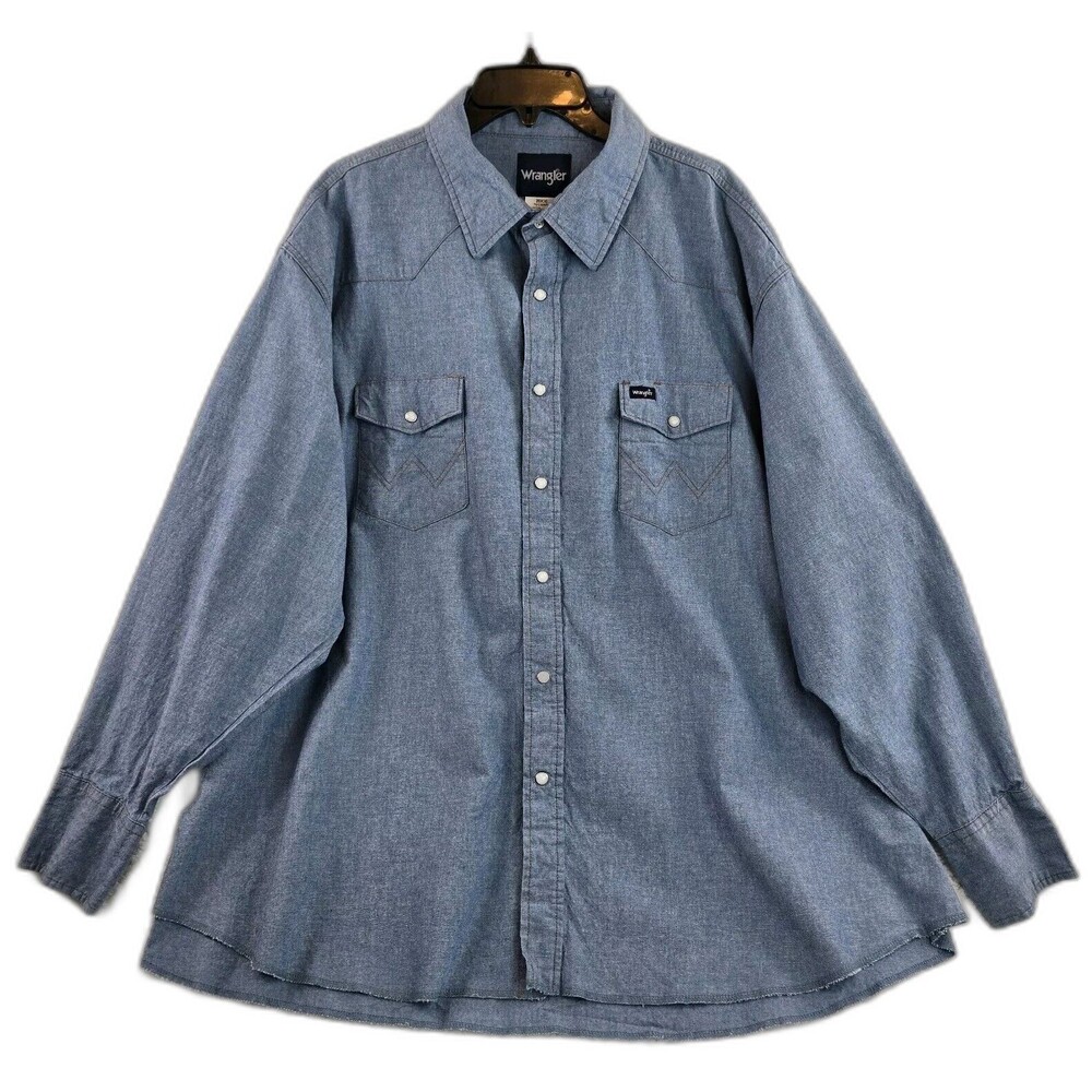 VTG Wrangler Denim Pearl Snap Extra Long Tail Shirt 20x36 Grandpacore Cowboy XL